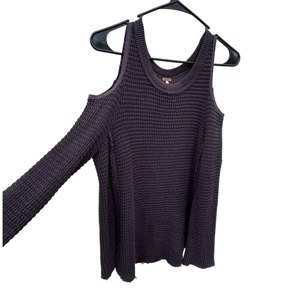 Free People Womens XS Purple Cold Shoulder Waffle Knit Cotton‎ Sweater Raw Hem